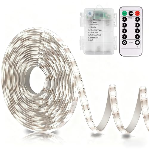 echosari Battery Operated Led Strip Lights White with Remote, 8 Modes, Dimmable, Timer, Self-Adhesive, Cuttable, for PC TV Kitchen Cabinet Shelves Bedroom Decor (3m 90LED) - color: Cool White, size: 9.8Ft