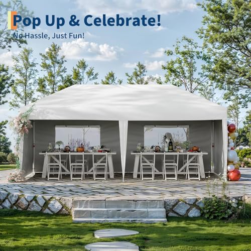 GarveeLife 10x20 Pop Up Canopy with 4 Sidewalls, Beach Ten with One Push Setup, Heavy Duty Outdoor Instant Canopy Tent with Portable Roller Bag, Silver Coated Top, 3 Adjustable Height, Sandbags,White - color: White, size: 4 Sidewalls