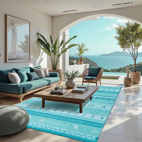 Lahome Outdoor Rug Waterproof, 6x9 Reversible Outdoor Plastic Straw Rug for Camping, RV Patio Rugs Large Carpet for Porch Deck Backyard Balcony Picnic(Blue/Multi,6'x 9') - color: Blue, size: 6'x9'