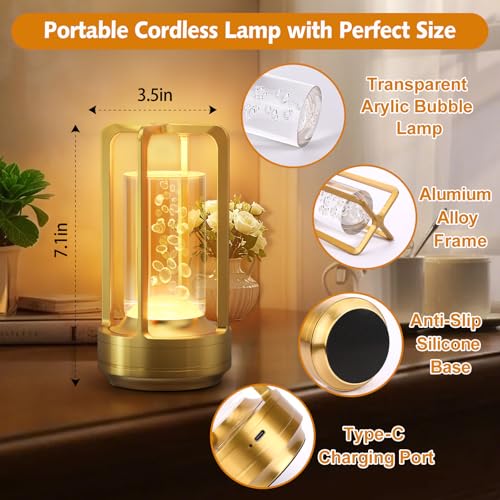 Portable Table Lamp for Outdoor Indoor: Cordless Rechargeable Desk Lamp with 3 Color Stepless Dimmable - Metal Battery Operated Lantern Light for Bedroom/Bar/Coffee Shop/Camping (Gold (Bubble)) - color: Gold (Bubble)