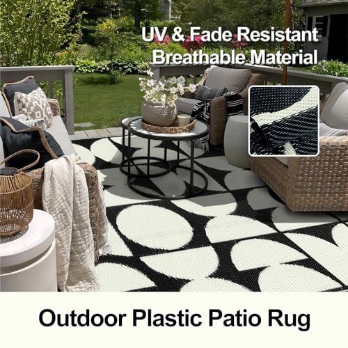 Wonnitar 8x10 Outdoor Rug, Large Waterproof Reversible Outdoor Patio Area Rug, Indoor/Outdoor Plastic Straw Portable Camping Rug for Outside RV Balcony Garden Deck (Black & White,8'x10') - color: Black & White, size: 8' X 10' (Rectangular)