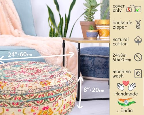 Mandala Life ART Large Floor Pillow Cover Yellow Round Pouf Ottoman Indian Floor Cushion Boho Chic Perfect Vintage Cushion for Living Room, Bedroom, Nursary or Children Room Cotton 24x8 Unstuffed - color: Yellow