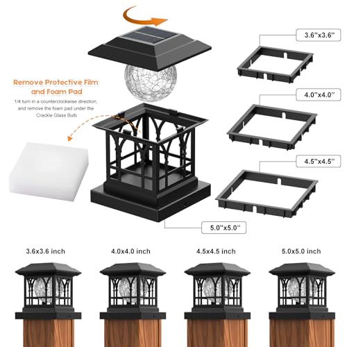 Fence Post Solar Lights, Crackle Glass Solar Post Cap Lights, 20 Lumens, Warm White & RGB Automatic Cycling 2 Modes for 3.6x3.6 4x4 4.5x4.5 5x5 Vinyl Wooden Posts Decoration, Black (2 Pack) - color: Black, size: 2 Pack