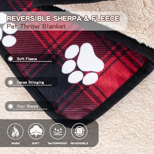 Waterproof Dog Blankets Pet Blanket 50"x60", Soft Fluffy Sofa Car Bed Protector, Reversible Sherpa Fleece Dog Blanket for Large Dogs Christmas Decor(Paw Red) - color: Paw Red, size: 50"x60"