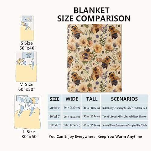 Bumblebee and Floral Blanket Bee and Wildflower Yellow Throw Blankets Gifts for Girls Boys Adults Lightweight Soft Fleece Cozy for Sofa Couch Bed Room Travel Birthday Decor 40x50in - color: Bee, size: 40x50in