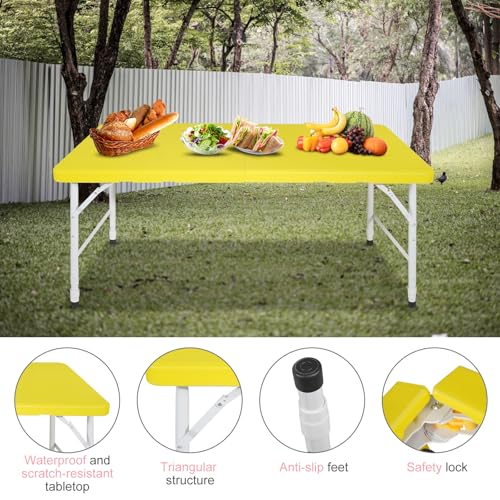 Portable 4Ft Folding Table, Heavy Duty Plastic Fold-in-Half Utility Foldable Table Small, Adjustable Height Plastic Folding Table with Carrying Handle for Camping &Party Indoor/Outdoor(Yellow) - color: Yellow, size: 4Ft