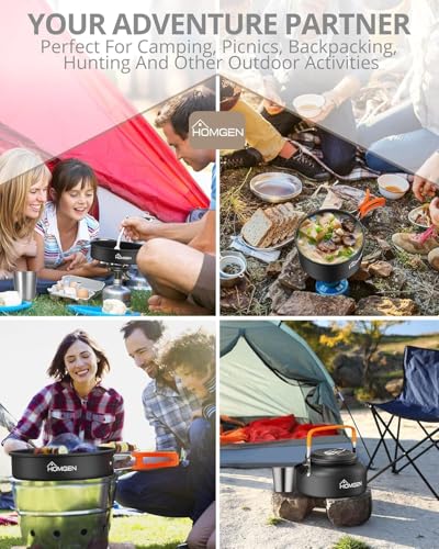 HOMGEN Portable Camping Cooking Set with Folding Windscreen-Lightweight Aluminum Camp Pots and Pan-800ml Teapot- 2 Cups & Plates- Complete Camping Mess Kit for Hiking Picnic Camping RV Trevel Trip