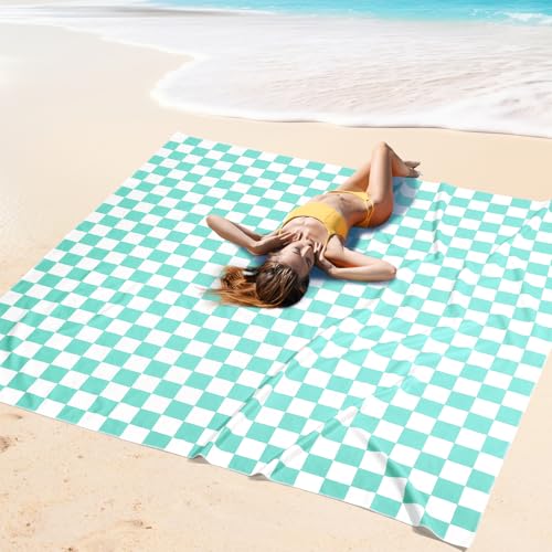Peryiter Checkered Giant Beach Blanket 71 x 71 Inch Oversized Sandproof Towel Stripe Microfiber Quick Dry Lightweight Huge Blanket for Summer Hawaii Beach Travel Essentials Accessories(Green) - color: Green