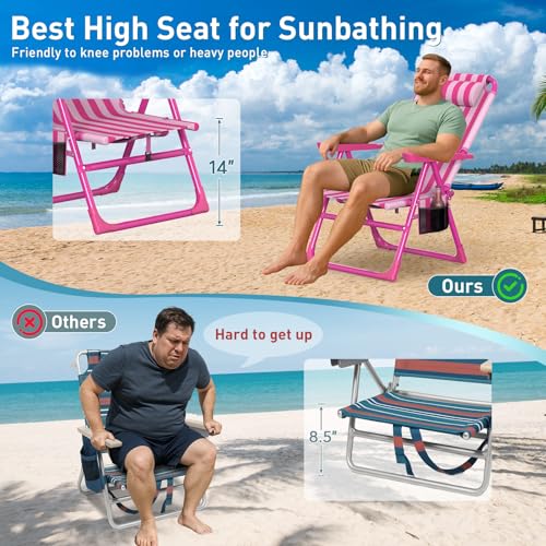 Suteck Backpack Beach Chair, 6-Positions Beach Chairs for Adults with Cooler Bag, Reclining Beach Chair with Cup Holder Folding Camping Chair for Sand Outdoor - color: Striped Pink