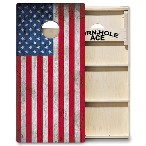 CornholeAce ACE PRO American Flag Cornhole Board Set - No Bounce! Triple Wide Legs, 3/4" Baltic Birch Plywood, Handles, Regulation Size (4x2ft), Tournament Style, Made in USA - color: USA Flag