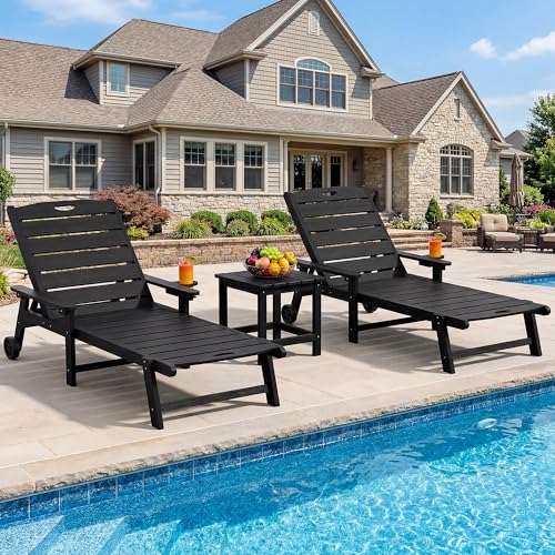 Outdoor Lounge Chair Set of 2 with 5-Position Adjustable, Outside Lounge Chair with Cup Holder, Wheels for Easy Mobility, HDPE Tanning Chair for Poolside, Patio, Black - color: Black, size: 2pc