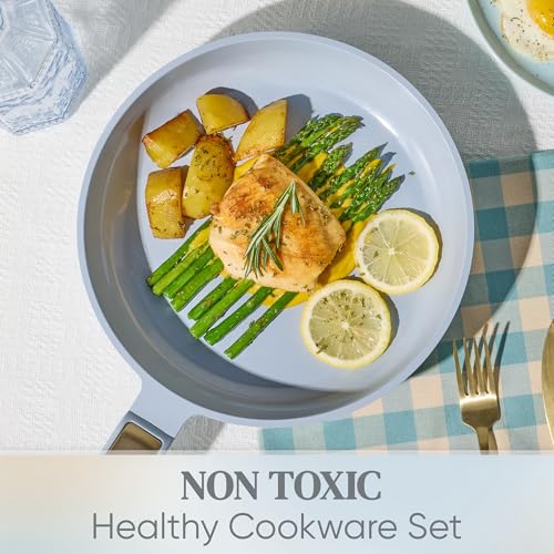 CAROTE Ceramic Cookware Set Nonstick, 14pcs Pots and Pans Set Nonstick, Non-Toxic & PFAS-Free, Dishwasher, RV/Camping Cookware Set, Cooking Pots with Lids, Pastel Blue - color: Light Blue