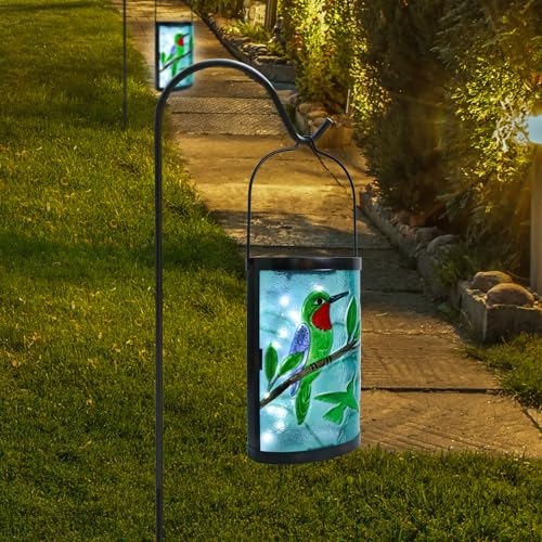Hanging Solar Lantern Outdoor Waterproof Hummingbird Solar Lights Glass Tabletop Decorative Lamp for Outdoor Patio Garden Outside Yard Decor - style: Green_Hummingbirds