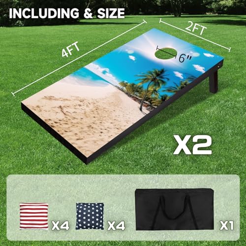 Cornhole Board Set 4x2 Regulation Size Cornhole Set with Carrying Bags & 8 Bean Bags Corn Hole Boards Bean Toss Game for Adults Family Outdoor Lawn Outside Backyard Games - color: Beach Palm Trees, size: 4*2FT