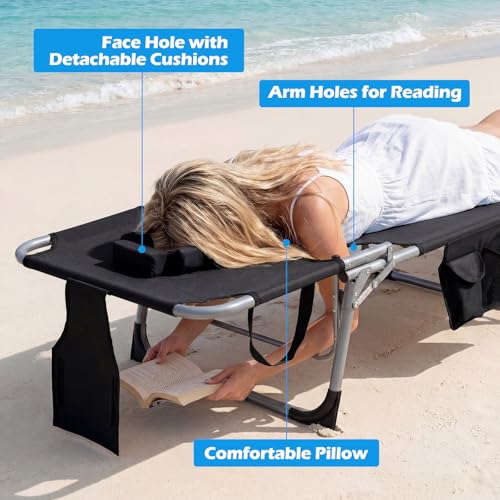 COSTWAY Tanning Chair with Face Hole, Folding Beach Lounge Chair with 4-Position Adjustable Backrest, Pillow & Side Pocket, Foldable Chaise Lounge Chair Outdoor for Sunbathing, Camping (1, Black) - color: Black