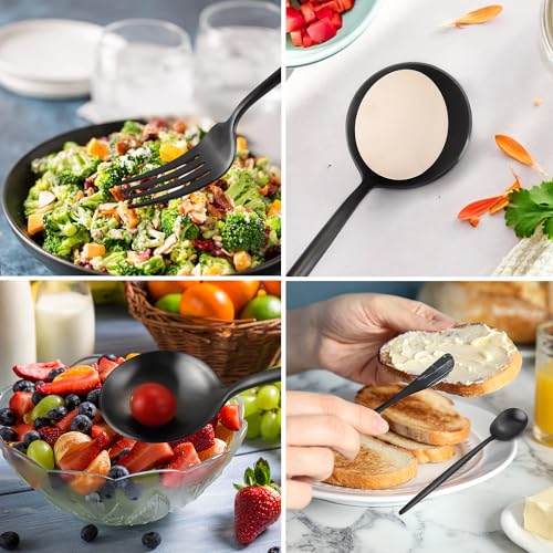 5-Piece Matte Black Stainless Steel Serving Utensils Set - Large and Slotted Spoons, Fork, Sugar Spoon, Butter Knife - Dishwasher Safe - color: Black