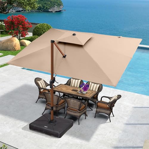 PURPLE LEAF 9' X 12' Double Top Deluxe Wood Pattern Rectangle Patio Umbrella Offset Hanging Umbrella Outdoor Market Umbrella Garden Umbrella, Beige - color: Beige, size: 9'X12', style: Umbrella