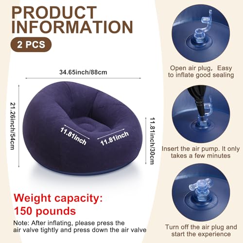 Lunmon 2 Pcs Small Bean Bag Chair Inflatable Chair Blow up Games Sofa Foldable Flocking Inflatable Lazy Sofa Portable Blow up Lounger for Living Room Bedroom (Blue) - color: Blue