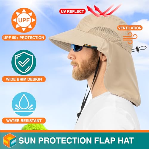 SUN CUBE Wide Brim Sun Hat with Neck Flap, UPF50+ Hiking Safari Fishing Hat for Men Women, Sun Protection Beach Hat - color: Tan