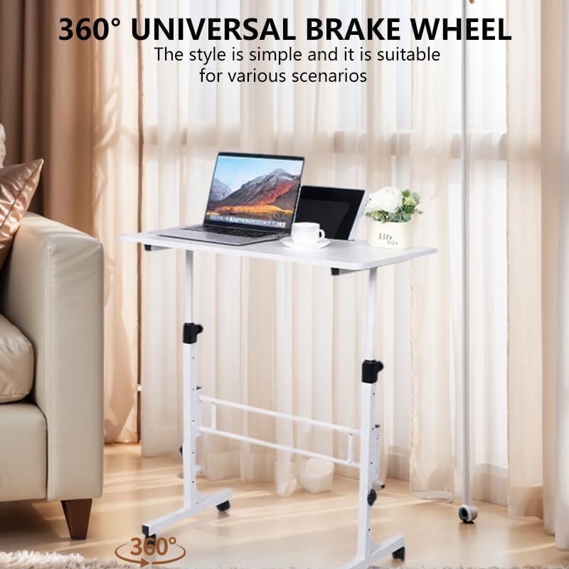 Portable Standing Desk Adjustable Height 27.5"-43.3", Small Computer Desk with Wheels, Foldable Home Office Desk, Folding Table for Laptop, Rolling Desk for Small Space, White