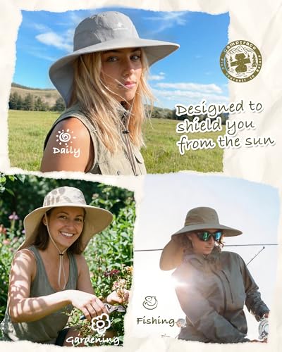 Camptrace Sun Hats for Women Men UPF 50+ UV Protection Wide Brim Hiking Fishing Hat with Neck Flap - color: Light Grey