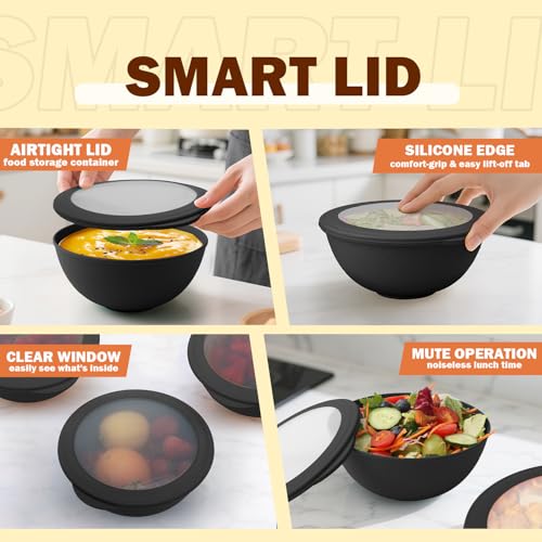 40 OZ Unbreakable Cereal Bowls with Lids, Wheat Straw Bowls Set of 4 with Unique Pattern, Reusable Plastic Bowl for Cereal, Soup, Salad and Ramen, Indoor & Outdoor Essentials, Black - color: Black, size: 40 Oz With Lid