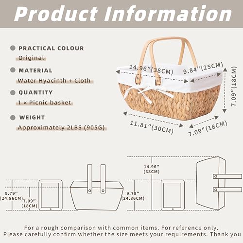GYASVWU Water Hyacinth Picnic Baskets, Wicker Picnic Basket with Handle, Wicker Bread Basket with Linner, Empty Gift Baskets for Easter, Weddings, Garden and Home Decor (Original)
