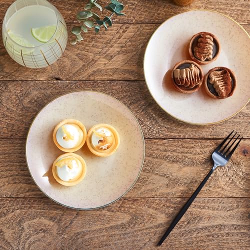 PLASTICPRO 32 Pack Elegant Disposable Plastic Plates Combo Set Includes 16 Dinner Plates and 16 Salad Plate Heavy Duty Fancy Party Plates Pink Granite Plate with Gold rim - color: Granite Collection Pink With Gold Rim