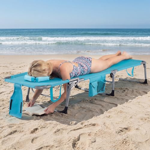 COSTWAY Tanning Chair with Face Hole, Folding Beach Lounge Chair with 4-Position Adjustable Backrest, Pillow & Side Pocket, Foldable Chaise Lounge Chair Outdoor for Sunbathing, Camping (1, Turquoise) - color: Turquoise