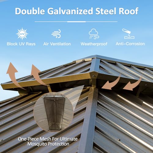 Domi 10' X 14' Hardtop Gazebo, Upgraded Metal Gazebo with Drainage System, Dual-Layer Galvanized Steel Roof, Curtain and Netting, Outdoor Shelter Canopy for Patio, Garden, and Backyard, Brown - color: Brown, size: 10'x14'/w gutter