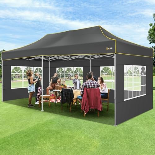 HOTEEL 10x20 Heavy Duty Pop up Canopy Tent with 6 Sidewalls, Easy Setup Outdoor Commercial Instant Gazebo for Parties Wedding Event, with Roller Bag & Sand Bags, Gray(Hexagonal Frame) - color: Dark Gray, size: 10x20ft (+6 Walls)