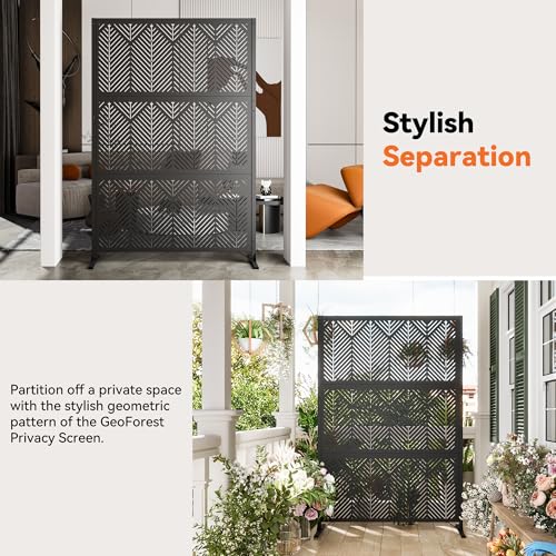 Modern Shade 4x6 FT Metal Privacy Screen with Artistic Modular Designs Decorative Patio Privacy Fence & Garden Divider, Freestanding Outdoor Metal Fence Panel, Weather-Resistant (Geo Forest) - size: 1 Panel (Geo Forest)