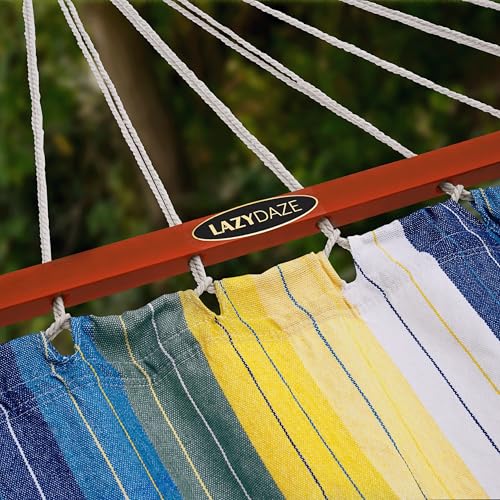 Lazy Daze Hammocks Cotton Fabric Spreader Bar Hammock and 10.5 Ft Wood Arc Hammock Stand Combo, for Outdoor, Indoor, Patio, Backyard, Blue and Yellow - color: Blue and Yellow