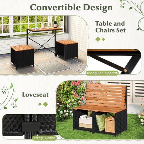 Tangkula 2-in-1 Outdoor Convertible Bench, Transforming Interchangeable Picnic Table Garden Loveseat with Metal Frame, PE Rattan Acacia Wood Foldable Table and Chairs Set for Porch, Backyard & Deck - color: Black, size: 66"
