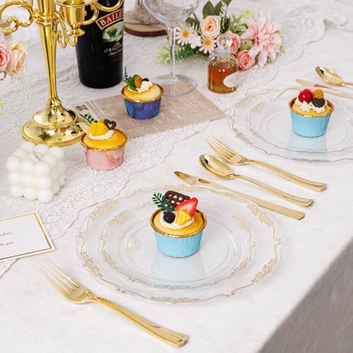 U-QE 100PCS Clear Gold Plastic Plates - Disposable Heavy Duty Clear Plates with Gold Rim Including 50PCS 10'' Dinner Plates & 50PCS 7.5'' Dessert Plates Perfect for Party, Weddings - color: Clear Gold