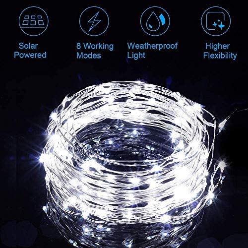 Lezonic Solar String Lights for Outside,2 Pack Total 240LED Solar Lights Outdoor Waterproof 24M/80Ft 8 Modes Outdoor Copper Wire Fairy Light Patio Decor Light,Yard,Porch Hanging Lightst (White) - color: White