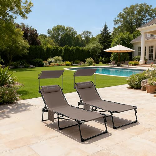 KingCamp Tanning Chair with Face Hole, Lounge Chairs Outdoor Folding Comfy Adjustable 5-Position Foldable Chaise Chaser with Canopy Shade for Outside Beach Patio Sun Bathing, Beige - color: C*skyshade Canopy——beige Canopy, style: oversized