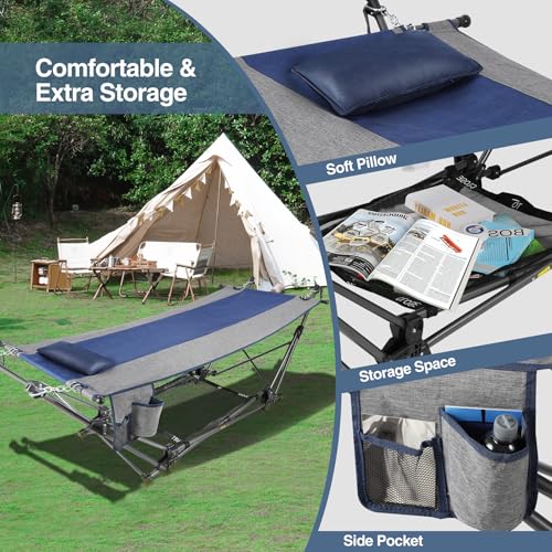 RedSwing Camping Hammock with Stand, XXL Portable Hammock with Removable Pillow and Storage Net, Foldable Heavy Duty Steel Frame Space Saving for Indoor Outdoor Backyard Beach Garden