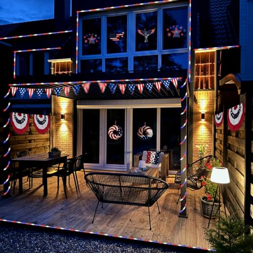 YEGUO Solar Rope Lights Outdoor Waterproof, 66ft 200 LED Red White and Blue Lights, 8 Modes Fairy Lights in Clear Thin Tube for Indoor Independence Memorial Day - color: Red White Blue