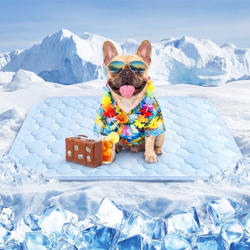 Pet Cooling Mats for Dogs, Cooling Pet Bed Outdoor & Indoor Use with Ice Silk Fabric & Waterproof Cover, Summer Cool Pad for Dogs Cats 29" x 18", Non-Slip Washable Pet Blanket for Crate Kennel Travel - color: Blue Cloud Stitching, size: Medium