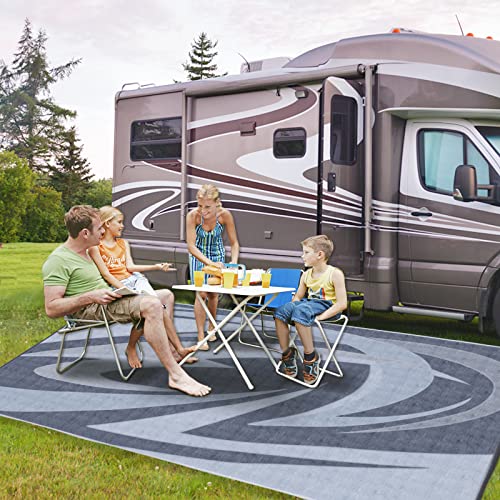 EEZ RV Products 6'x9' GW Heavy Duty Reversible/Durable Outdoor Patio/RV Mats (9ft x 6ft Grey) Come with Large Storage Bag & 6 Sets of Stakes and Washer - color: Grey, size: 6' x 9' (Rectangular)
