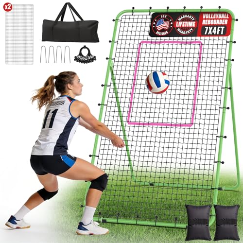 Suteck 7x4ft Volleyball Rebounder Net 2-Net System, 5-Angle Adjustable & Ultra-Durable Trainer for Spike, Serve, Passing & Solo Practice, Includes Storage Bag for Easy Travel & Portability - color: Green