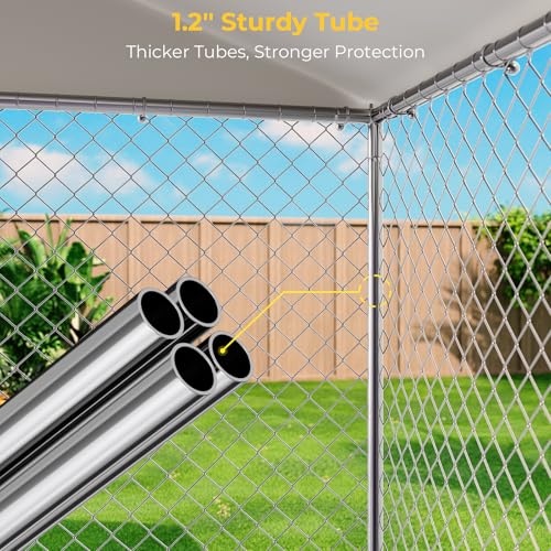 Lyromix 10 x 20FT Large Outdoor Dog Kennel with Bowls, Dog Kennel Outside with Waterproof Cover Roof, Galvanized Heavy Duty Chain Link Dog Runs Cage Playpen for Outside with Secure Lock