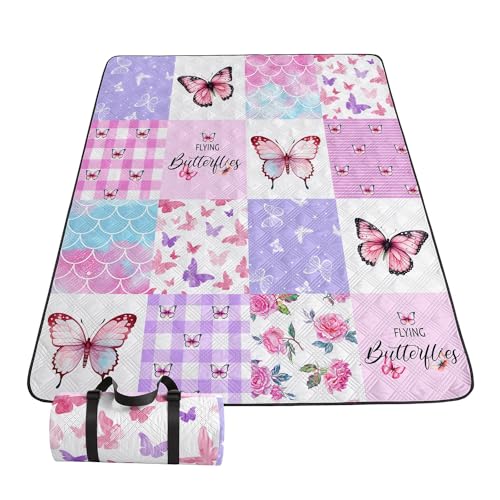 Outdoor Picnic Blanket,Portable Sandproof Waterproof Picnic Mat,Pink Checkerboard Butterfly Printed Camping Beach Mat for Sand and Wet Grass Hiking (Checkerboard S) - color: Checkerboard, size: Standard - 59"x78"