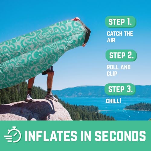 Chillbo Inflatable Couch – Unique Designs - No-Pump Setup, Ripstop Polyester, Stability Pegs, Fun Prints - Portable Air Inflatable Lounger for Beach, Camping, Festivals, and Tailgating - color: Green Wave, size: Large
