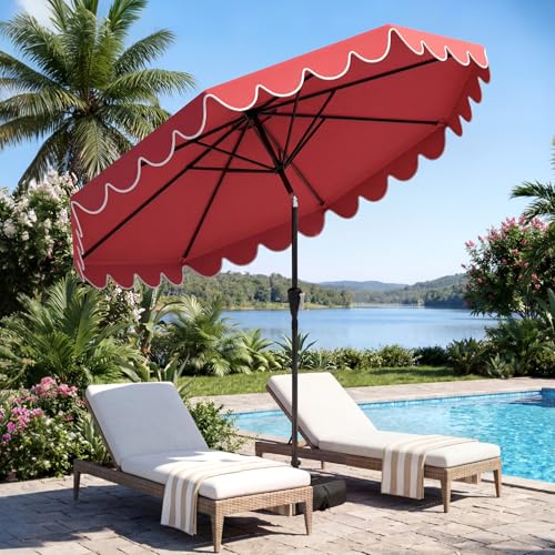 Tangkula 10 FT Patio Umbrella with Base Included, 2-Tiers Outdoor Scalloped Table Umbrella with 2 Sandbags, Tilt Adjustment, Crank, 8 Ribs for Market Backyard Pool Deck Beach Lawn - color: Wine, size: 10 FT