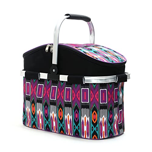 Insulated Picnic Basket 26L Portable Collapsible Market Leakproof Tote with Aluminum Handle for Camping, Shopping, Travel, Large Size (Purple) - color: Purple