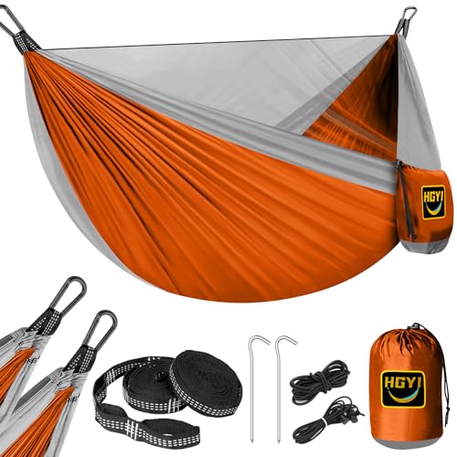 Camping Hammock Mosquito Net,Double & Single Portable Hammocks Hammocks with 2 Tree Straps,Hammock Tent for Travel Camping,Camping Accessories for Indoor Outdoor Hiking Backpacking Backyard Beach - color: Orange&grey, size: Large
