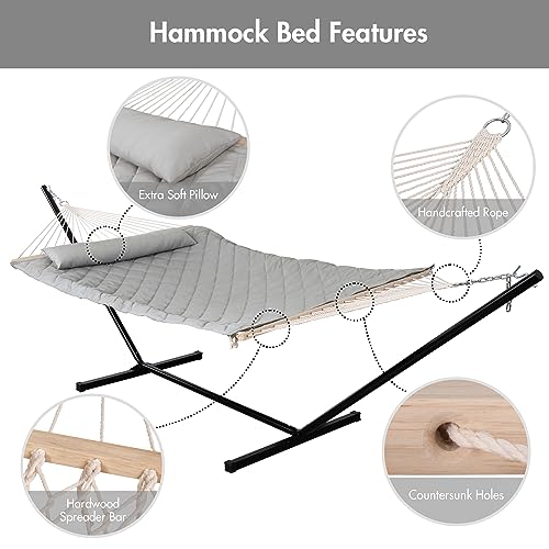 ANOW Double Rope Hammock with Stand 12FT, Heavy Duty Hammock with Polyester Pillow and Pad, 450 LBS Weight Capacity, Light Grey - color: Light Grey, size: With Stand