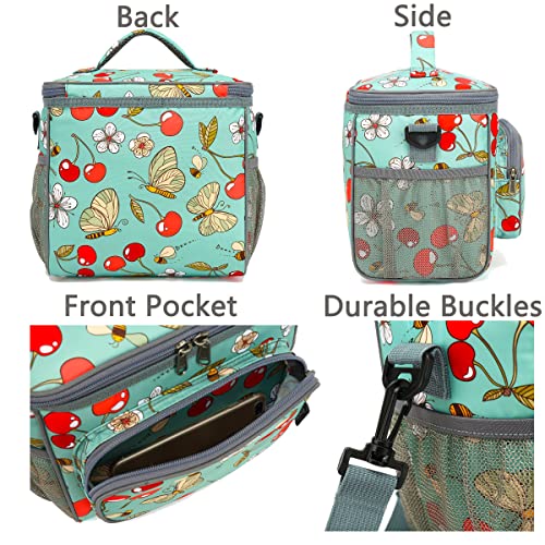FlowFly Insulated Reusable Lunch Bag Adult Large Lunch Box for Women and Men with Adjustable Shoulder Strap,Front Zipper Pocket and Dual Large Mesh Side Pockets,Cherry - color: Cherry